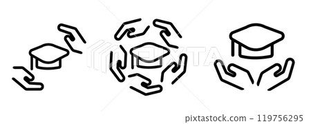 hand protect graduation hat cap education study college school academic icon set illustration line outline stroke symbol of scholarship 119756295