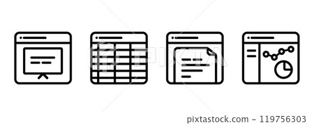 File office productivity tools text editor document spreadsheet presentation software symbol icon outline line set collection 119756303
