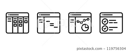 Project management software icon set stroke outline illustration symbol of kanban board gantt chart layout interface 119756304
