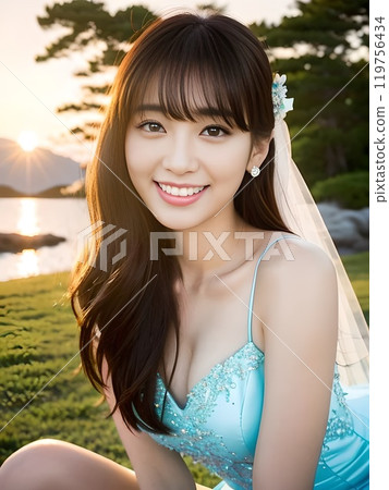 Bride sitting on the grass in a light blue cocktail dress 119756434