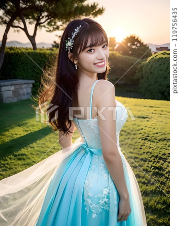 一個穿著裙子的女人回頭看 119756435