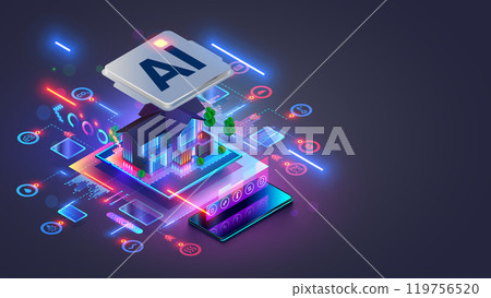 Smart home concept. AI controls Futuristic Smart home. Isometric Futuristic buildings inside chip with Ai or Artificial intelligence which effectively manages smart home, IOT devices. AI of Smart Home 119756520