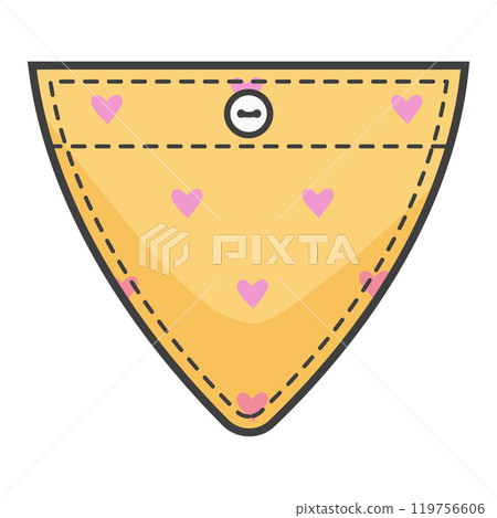 Yellow pocket patch with heart pattern. Triangular element for casual style clothes, dresses and shirts. Color vector illustration. Yellow pocket patch with heart pattern. Triangular element for casual style clothes, dresses and shirts. Color vector illustration. 119756606