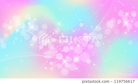 Rainbow fantasy background. Holographic illustration in pastel colors. Multicolored unicorn sky with stars and bokeh. Rainbow fantasy background. Holographic illustration in pastel colors. Multicolored unicorn sky with stars and bokeh. 119756617