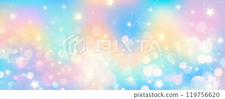Rainbow unicorn pastel background with glitter stars. Pink fantasy sky. Holographic space with bokeh. Fairy iridescent gradient backdrop. Vector 119756620