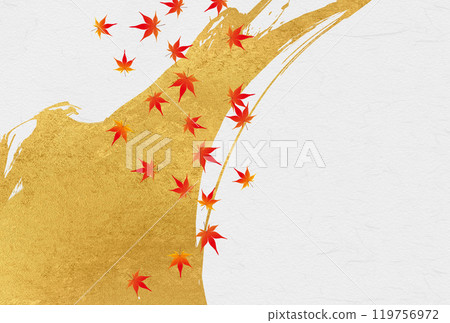 Gold leaf calligraphy art on washi paper background and autumn leaves Gold leaf calligraphy art on washi paper background and autumn leaves 119756972