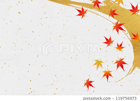 Gold leaf calligraphy art on washi paper background and autumn leaves Gold leaf calligraphy art on washi paper background and autumn leaves 119756973