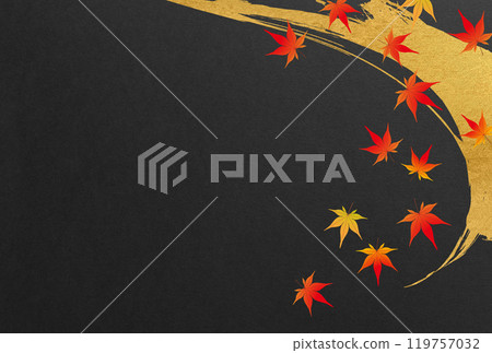 Gold leaf calligraphy art on washi paper background and autumn leaves 119757032