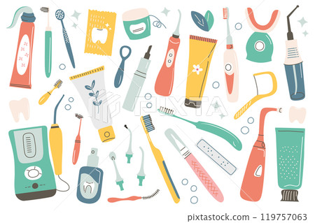 Vector illustration set of dental care items, collection of toothbrushes, toothpaste, floss, water flosser. Flat cartoon style, perfect for hygiene, health, and oral care themes Vector illustration set of dental care items, collection of toothbrushes, toothpaste, floss, water flosser. Flat cartoon style, perfect for hygiene, health, and oral care themes 119757063