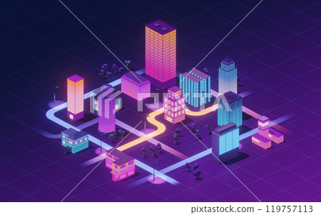 Downtown city, neon glowing building, 3d Downtown city, neon glowing building, 3d 119757113