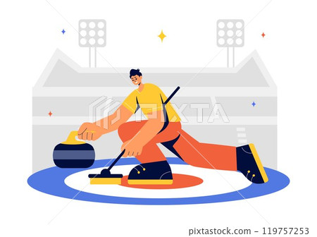 Curling Sport Vector Illustration featuring a Team Playing the Game with Rocks and Brooms on a Rectangular Ice Rink in a Championship in a Background Curling Sport Vector Illustration featuring a Team Playing the Game with Rocks and Brooms on a Rectangular Ice Rink in a Championship in a Background 119757253