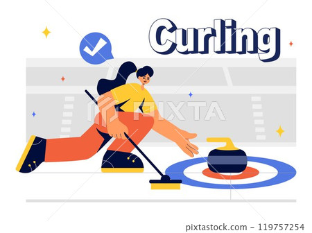 Curling Sport Vector Illustration featuring a Team Playing the Game with Rocks and Brooms on a Rectangular Ice Rink in a Championship in a Background Curling Sport Vector Illustration featuring a Team Playing the Game with Rocks and Brooms on a Rectangular Ice Rink in a Championship in a Background 119757254