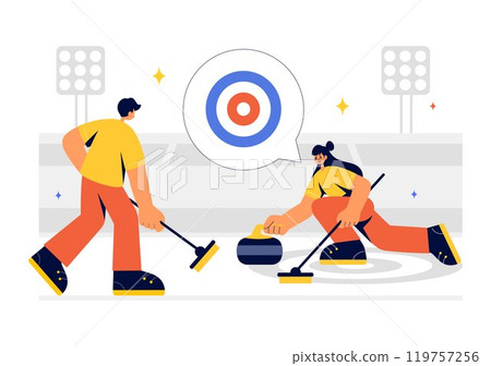 Curling Sport Vector Illustration featuring a Team Playing the Game with Rocks and Brooms on a Rectangular Ice Rink in a Championship in a Background 119757256