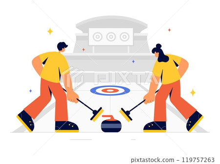 Curling Sport Vector Illustration featuring a Team Playing the Game with Rocks and Brooms on a Rectangular Ice Rink in a Championship in a Background 119757263