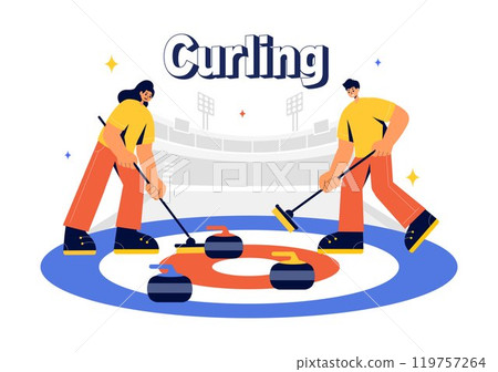 Curling Sport Vector Illustration featuring a Team Playing the Game with Rocks and Brooms on a Rectangular Ice Rink in a Championship in a Background 119757264