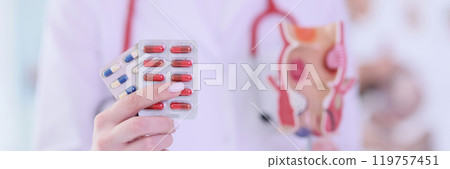 Female doctor holds pills and model of rectum in hands 119757451
