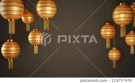 Chinese New Year 3d brown background with gold hanging paper lanterns. Asian festival sale or promotion banner frame. Realistic render oriental greeting bg, card with place for text. 3D illustration 119757470