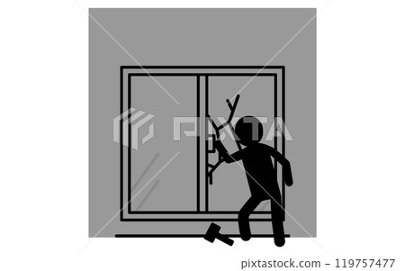 A suspicious person breaking into a house by smashing a window with a hammer, a black and white icon for crime prevention and home security A suspicious person breaking into a house by smashing a window with a hammer, a black and white icon for crime prevention and home security 119757477