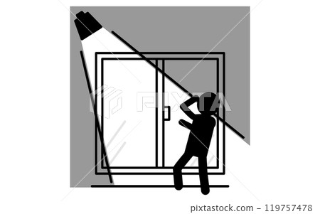 Suspicious person surprised by sensor light, crime prevention and home security black and white icon Suspicious person surprised by sensor light, crime prevention and home security black and white icon 119757478