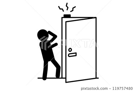 當前門警報響起時,可疑者感到驚訝,用於預防犯罪和家庭安全的黑白圖標 當前門警報響起時,可疑者感到驚訝,用於預防犯罪和家庭安全的黑白圖標 119757480