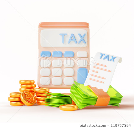 3d tax calculator cartoon render icon. Financial business, income and taxation payment concept with paper bill, green dollar pack and gold coin stack. Deduction, salary, accounting. 3D illustration 119757594