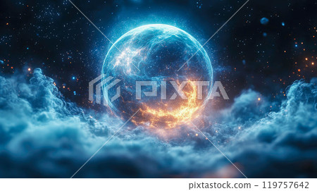 A vibrant sphere glowing with blue and orange energy, surrounded by dynamic sparks and embers 119757642