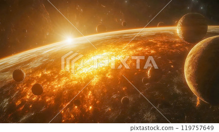 A stunning view of planets aligned with the setting sun against a starry sky. Perfect for astronomy or science-themed visuals 119757649