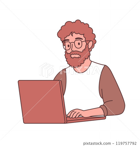 Bearded Man Freelance Employee Cartoon Character Wearing Glasses Working with Laptop Bearded Man Freelance Employee Cartoon Character Wearing Glasses Working with Laptop 119757792