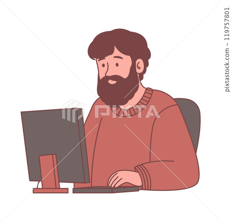 Bearded Man Freelance Employee Cartoon Character Working with Computer Bearded Man Freelance Employee Cartoon Character Working with Computer 119757801