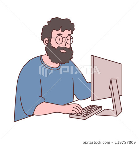 Bearded Man Freelance Employee Cartoon Character Wearing Glasses Working with Computer 119757809