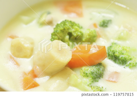 用大量牛奶和蔬菜製成的熱奶油燉菜。 用大量牛奶和蔬菜製成的熱奶油燉菜。 119757815