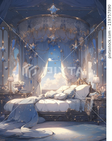 A bedroom in the morning with a bed by the window bathed in warm light. 119757890