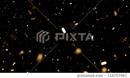 Golden confetti on black background, overlay for festive celebrations, shimmering particles for holiday or party decoration, gold glitter effect for editing, luxurious sparkle in dark backdrop 119757961