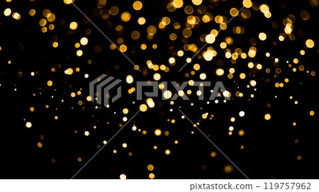 Golden bokeh lights overlay on black background, festive and elegant abstract design, shimmering and glowing particles, perfect for holiday, celebration, and special event visual 119757962