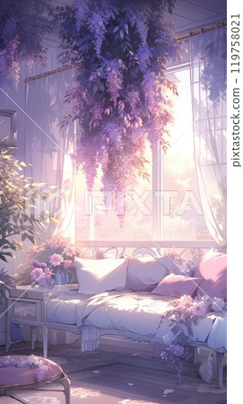 A living room graced with a tree as beautiful as a painting, a plush sofa scattered with pillows, evoking a sense of romance. 119758021