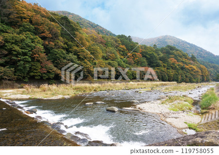 Mountain stream flowing through Shiobara Onsen in autumn and autumn leaves 119758055
