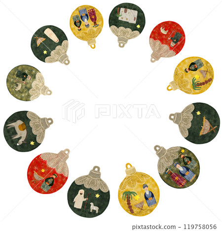 Christmas tree decorative ball with nativity scene round frame isolated on white in watercolor. Illustration for, invitations, cards, Christmas, cards, stickers, posters, advent calendar, banner 119758056