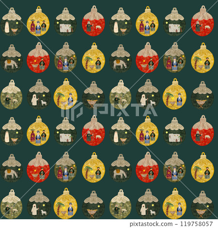 Christmas tree decorative ball with nativity scene watercolor seamless pattern, set on dark green background. Illustration for textile, wrapping paper, card, Christmas, cards, posters, advent calendar 119758057