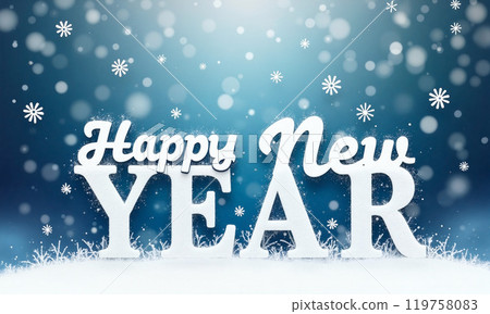 Festive New Year celebration with snowflakes and a cheerful message in a winter landscape 119758083