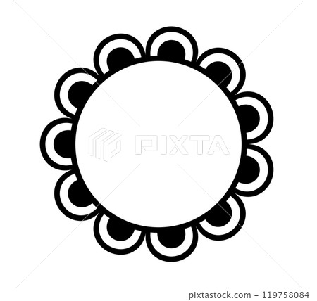 Scalloped edge circle frame. Simple round scalloped border. Fabric lace pattern frame. Repeat cute vintage frill ornament. Texture ribbon. Vector illustration isolated on white background. 119758084