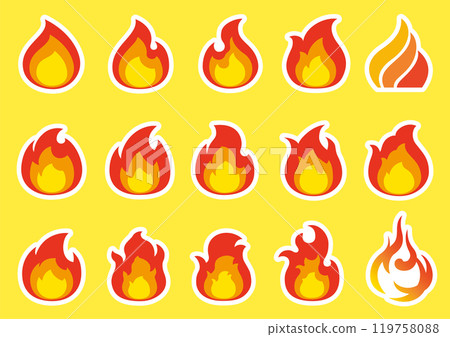 Simple sticker-style icon set of flames and fire, illustration, no shadow 119758088