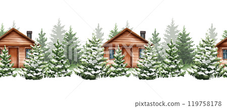Watercolor seamless border with chalet. Wooden cabin in fir forest. Winter woodland. Hand drawn background, perfect for Christmas card or print design. Watercolor seamless border with chalet. Wooden cabin in fir forest. Winter woodland. Hand drawn background, perfect for Christmas card or print design. 119758178