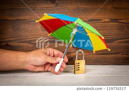 Internet and data security concept. Padlock on wooden table Internet and data security concept. Padlock on wooden table 119758317