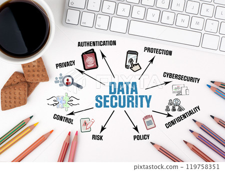 DATA SECURITY Concept. Chart with keywords and icons. White office desk DATA SECURITY Concept. Chart with keywords and icons. White office desk 119758351