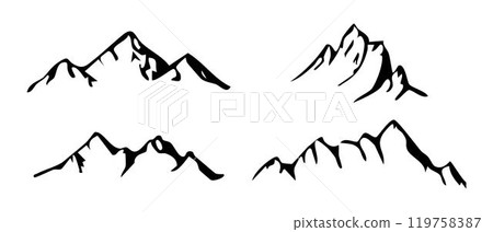 Mountain ridge, snowy peak, line wild nature. Hand drawn landscape, map line contour. Rocky mountains landscape design, icon. 119758387