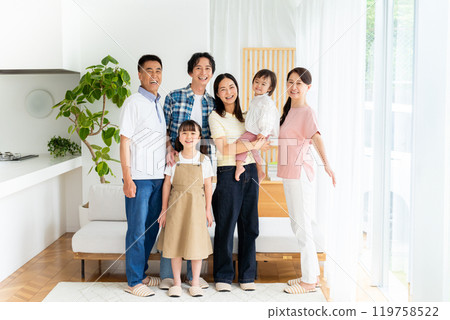Three-generation family relaxing in the living room 119758522
