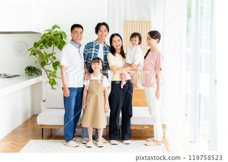 Three-generation family relaxing in the living room Three-generation family relaxing in the living room 119758523