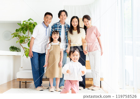 Three-generation family relaxing in the living room 119758526