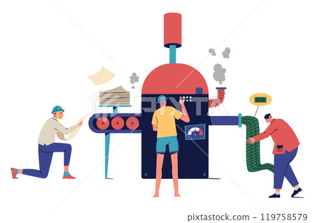 Three People Working Around a Large Machine, Financial Industry Illustration Three People Working Around a Large Machine, Financial Industry Illustration 119758579