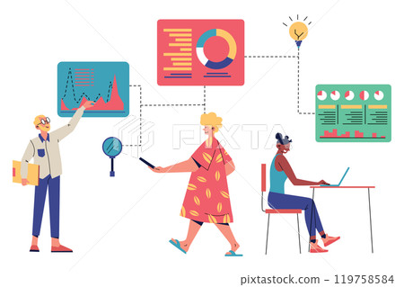 Three People Interacting with Connected Diagrams and Charts, Risk Management Illustration 119758584